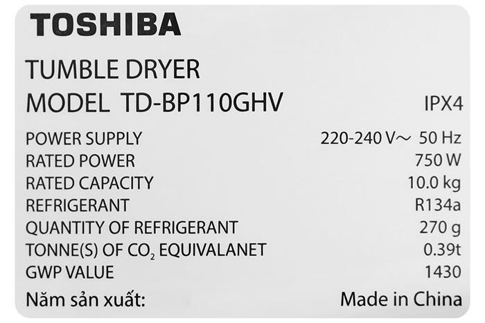 Máy sấy bơm nhiệt Toshiba 10 kg&nbsp;TD-BP110GHV(MG)